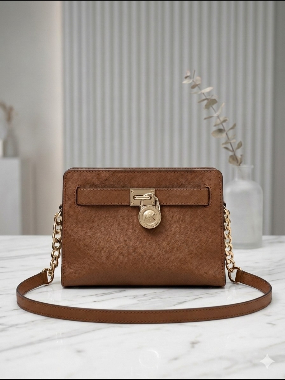 Michael Kors Tan Brown Saffiano Leather Crossbody with Gold Hardware